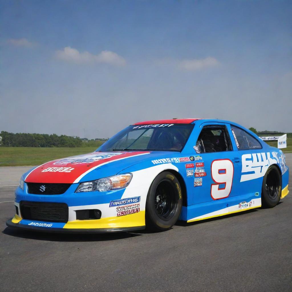 A Suzuki car remodeled into a NASCAR version, boasting bold colors, race-ready enhancements, and festooned with diverse sponsor logos.