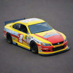 A Suzuki car remodeled into a NASCAR version, boasting bold colors, race-ready enhancements, and festooned with diverse sponsor logos.