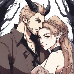 A fantasy scene depicting a forbidden romance between an adult female witch and a male demon