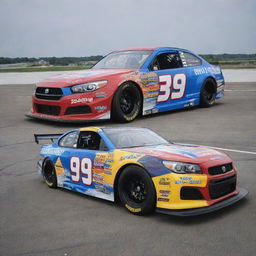 A Suzuki car remodeled into a NASCAR version, boasting bold colors, race-ready enhancements, and festooned with diverse sponsor logos.