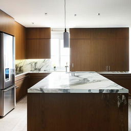 A modern, stylish kitchen with state-of-the-art stainless steel appliances, marble countertops, large windows for natural lighting, a kitchen island, and sleek wooden cabinets.