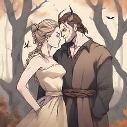 A fantasy scene depicting a forbidden romance between an adult female witch and a male demon