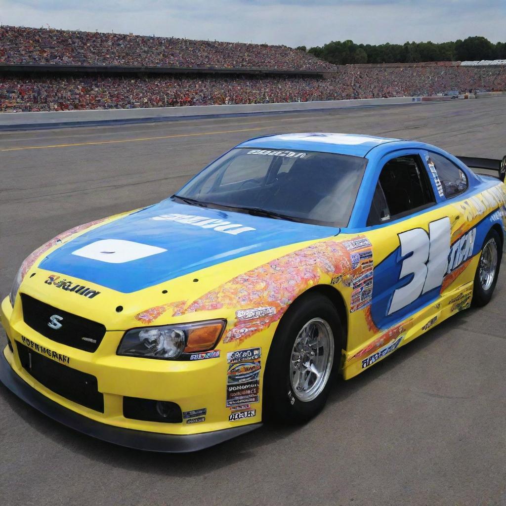 A Suzuki car remodeled into a NASCAR version, boasting bold colors, race-ready enhancements, and festooned with diverse sponsor logos.