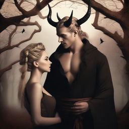 A fantasy scene depicting a forbidden romance between an adult female witch and a male demon set in a witch coven