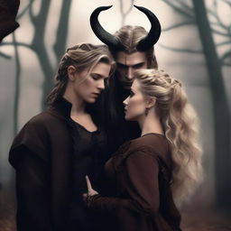 A fantasy scene depicting a forbidden romance between an adult female witch and a male demon set in a witch coven