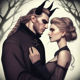 A fantasy scene depicting a forbidden romance between an adult female witch and a male demon set in a witch coven