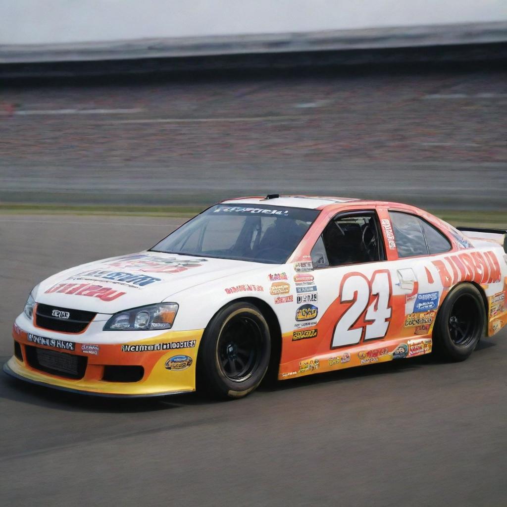 An Isuzu car redesigned in a NASCAR aesthetics, showcasing bright colors, racing modifications, and adorned with several sponsor decals.