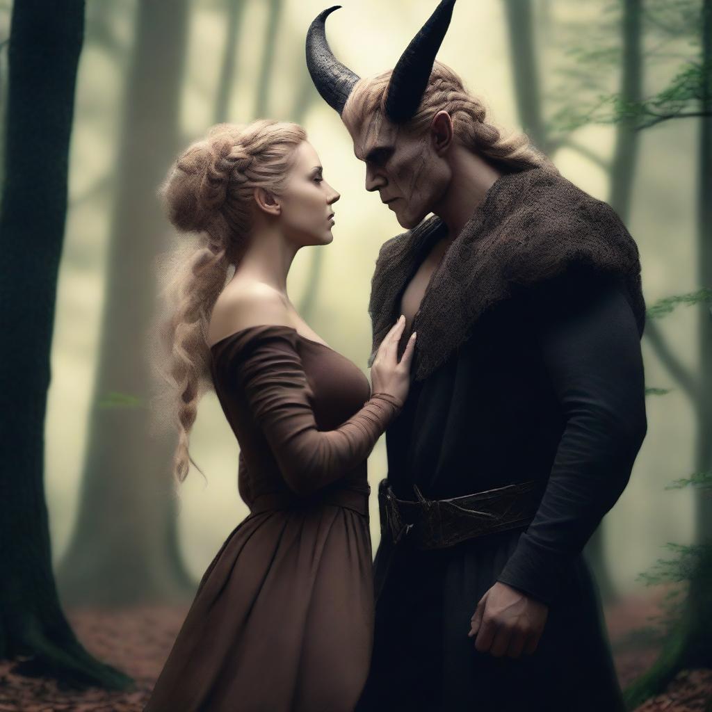 A fantasy scene depicting a forbidden romance between an adult female witch and a male demon set in a forest