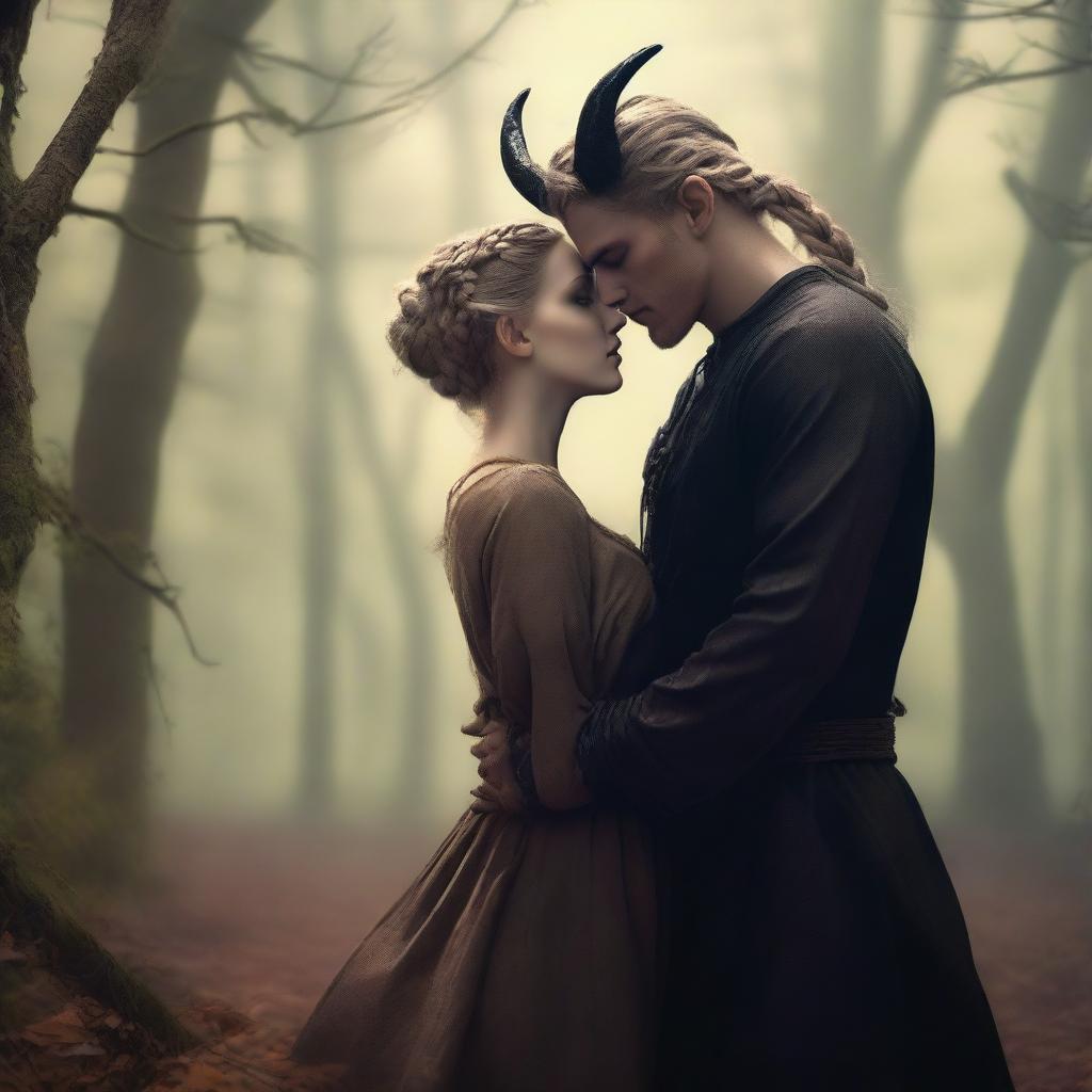 A fantasy scene depicting a forbidden romance between an adult female witch and a male demon set in a forest