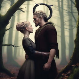 A fantasy scene depicting a forbidden romance between an adult female witch and a male demon set in a forest