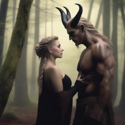 A fantasy scene depicting a forbidden romance between an adult female witch and a male demon set in a forest