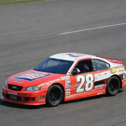 An Isuzu car redesigned in a NASCAR aesthetics, showcasing bright colors, racing modifications, and adorned with several sponsor decals.