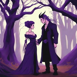 A fantasy scene depicting a forbidden romance between an adult female witch and a male demon