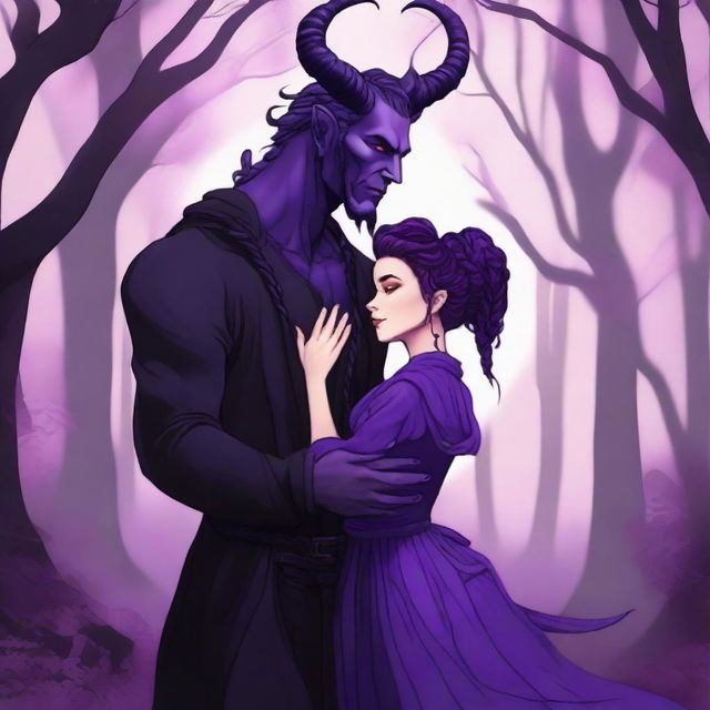 A fantasy scene depicting a forbidden romance between an adult female witch and a male demon