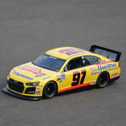 An Isuzu car redesigned in a NASCAR aesthetics, showcasing bright colors, racing modifications, and adorned with several sponsor decals.