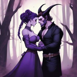 A fantasy scene depicting a forbidden romance between an adult female witch and a male demon