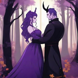 A fantasy scene depicting a forbidden romance between an adult female witch and a male demon