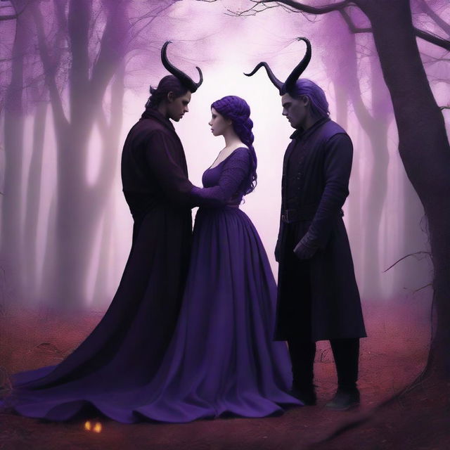 A fantasy scene depicting a forbidden romance between an adult female witch and a male demon