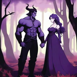 A fantasy scene depicting a forbidden romance between an adult female witch and a male demon