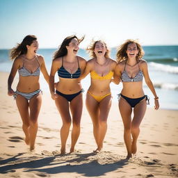 A group of young women with small breasts playing and having fun on a sunny beach