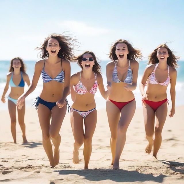 A group of young women with small breasts playing and having fun on a sunny beach