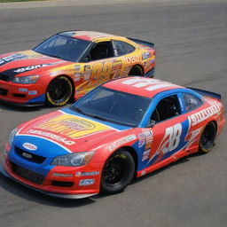 An Isuzu car redesigned in a NASCAR aesthetics, showcasing bright colors, racing modifications, and adorned with several sponsor decals.