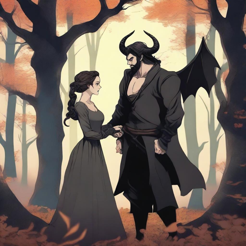 A fantasy scene depicting a forbidden romance between an adult female witch and a male demon