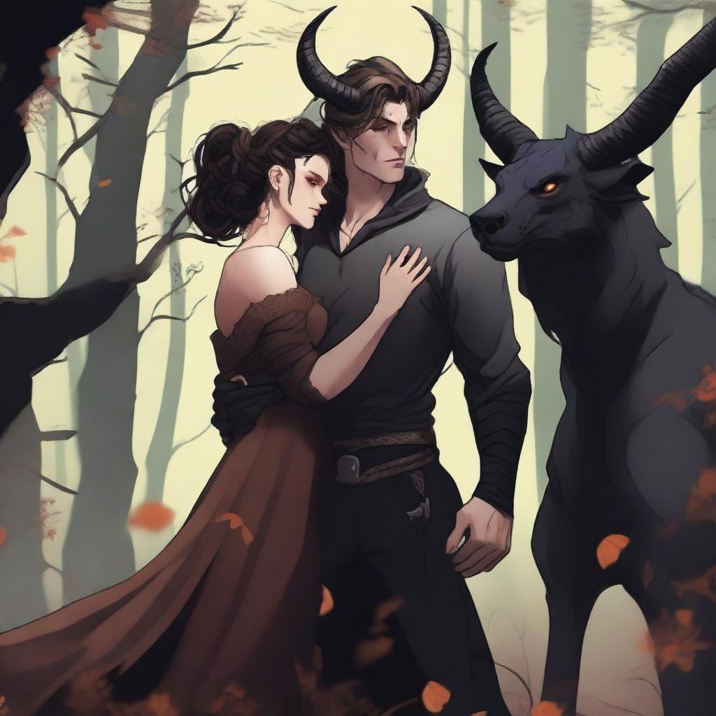 A fantasy scene depicting a forbidden romance between an adult female witch and a male demon