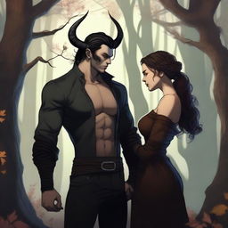 A fantasy scene depicting a forbidden romance between an adult female witch and a male demon