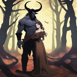 A fantasy scene depicting a forbidden romance between an adult female witch and a male demon