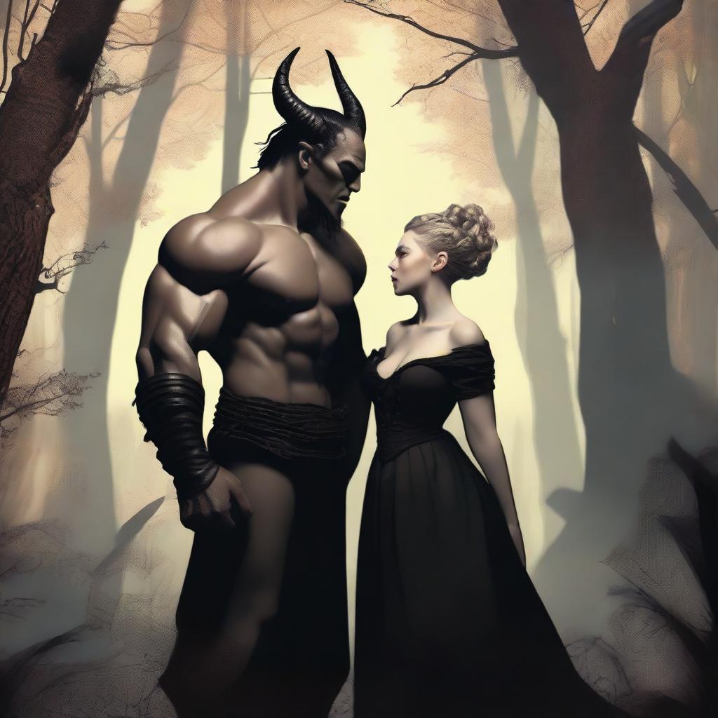 A fantasy scene depicting a forbidden romance between an adult female witch and a male demon set in a forest