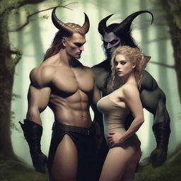 A fantasy scene depicting a forbidden romance between an adult female witch and a male demon set in a forest