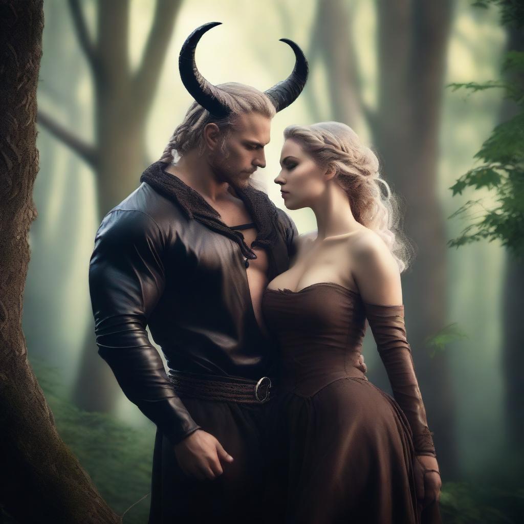 A fantasy scene depicting a forbidden romance between an adult female witch and a male demon set in a forest