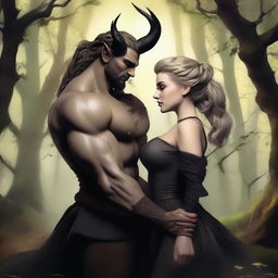 A fantasy scene depicting a forbidden romance between an adult female witch and a male demon set in a forest