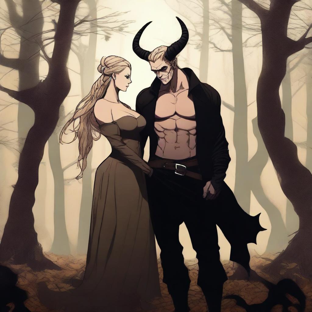 A fantasy scene depicting a forbidden romance between an adult female witch and a male demon