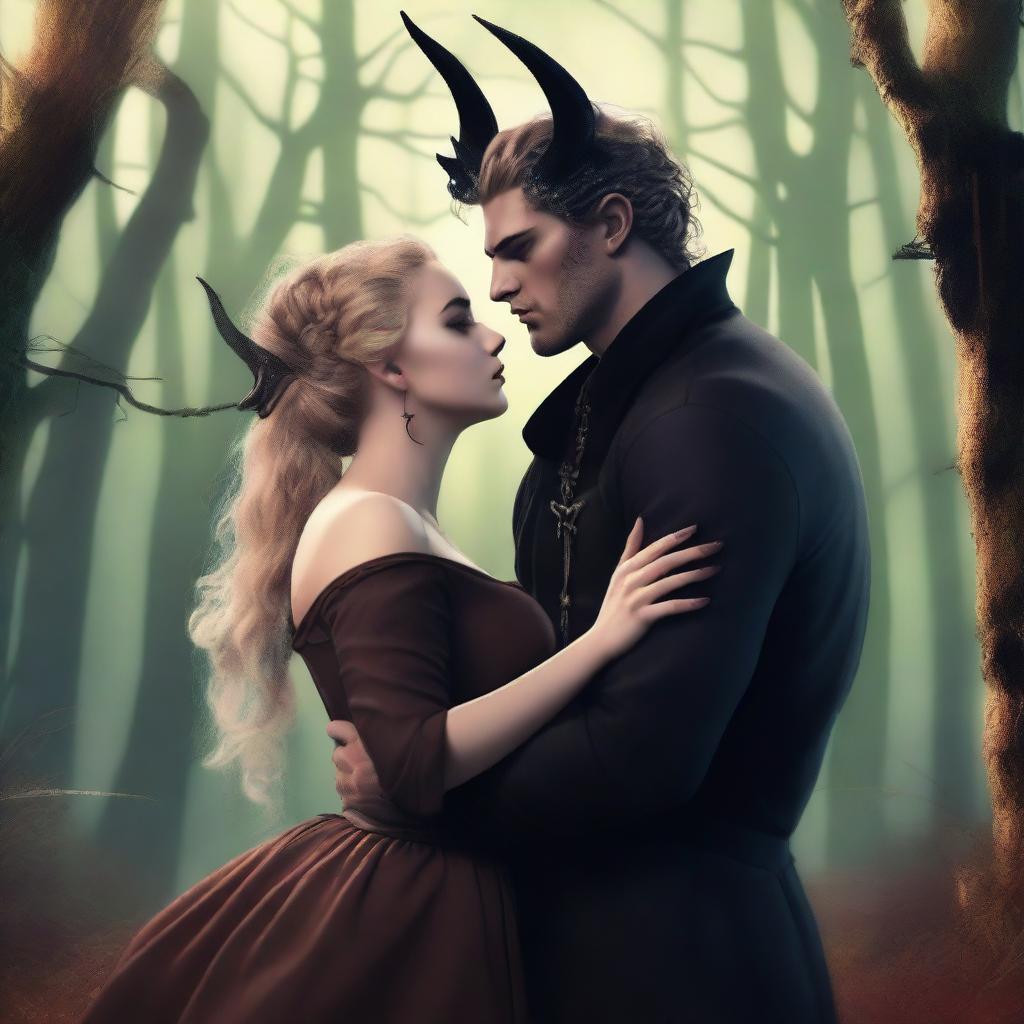 A fantasy scene depicting a forbidden romance between an adult female witch and a male demon