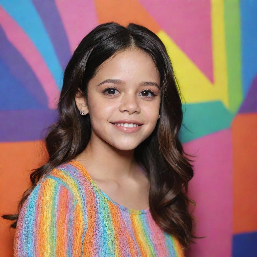 A professional digital art portrait of actress Jenna Ortega with bright colors in the background