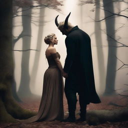 A fantasy scene depicting a forbidden romance between an adult female witch and a male demon