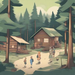 A summer camp scene in the middle of the woods with a lodge at the center and a trail leading to another part of the camp with multiple cabins