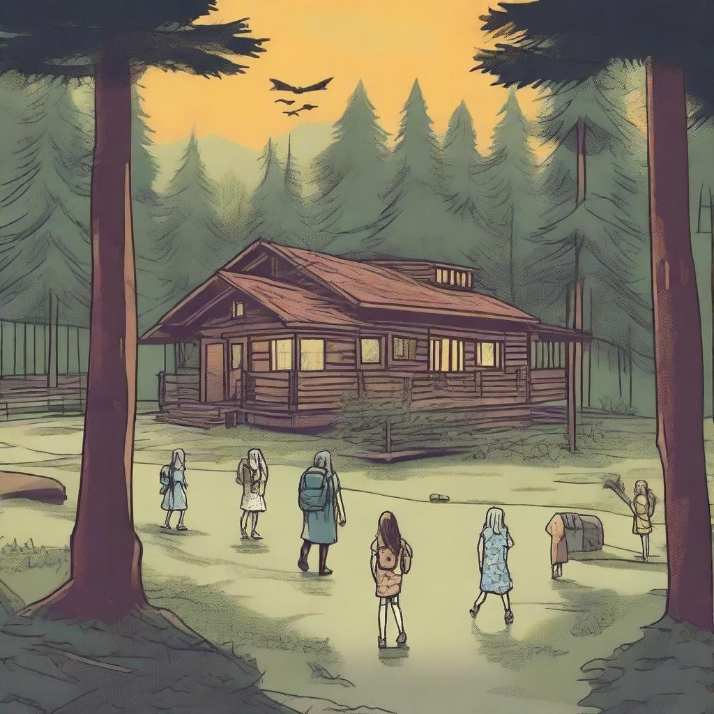 A horror-themed summer camp scene in the middle of the woods with a lodge at the center and a trail leading to another part of the camp with multiple cabins