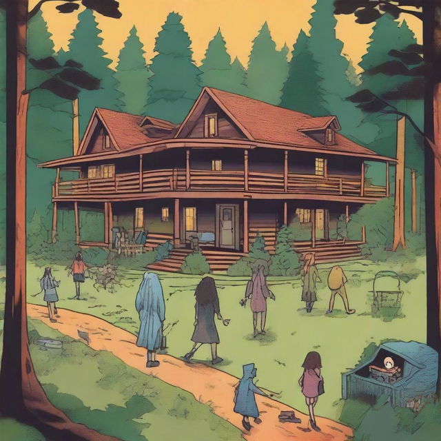 A horror-themed summer camp scene in the middle of the woods with a lodge at the center and a trail leading to another part of the camp with multiple cabins