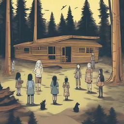 A horror-themed summer camp scene in the middle of the woods with a lodge at the center and a trail leading to another part of the camp with multiple cabins