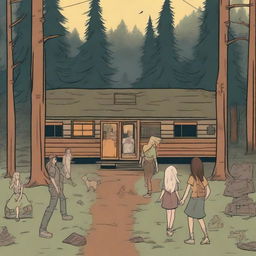 A horror-themed summer camp scene in the middle of the woods with a lodge at the center and a trail leading to another part of the camp with multiple cabins