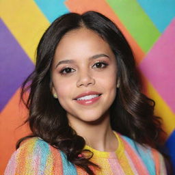 A professional digital art portrait of actress Jenna Ortega with bright colors in the background