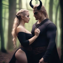 A fantasy scene depicting a forbidden romance between an adult female witch and a male demon