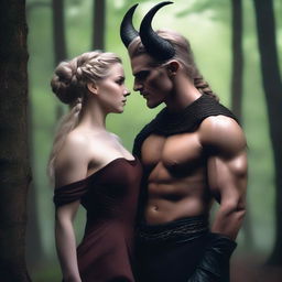 A fantasy scene depicting a forbidden romance between an adult female witch and a male demon