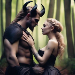 A fantasy scene depicting a forbidden romance between an adult female witch and a male demon