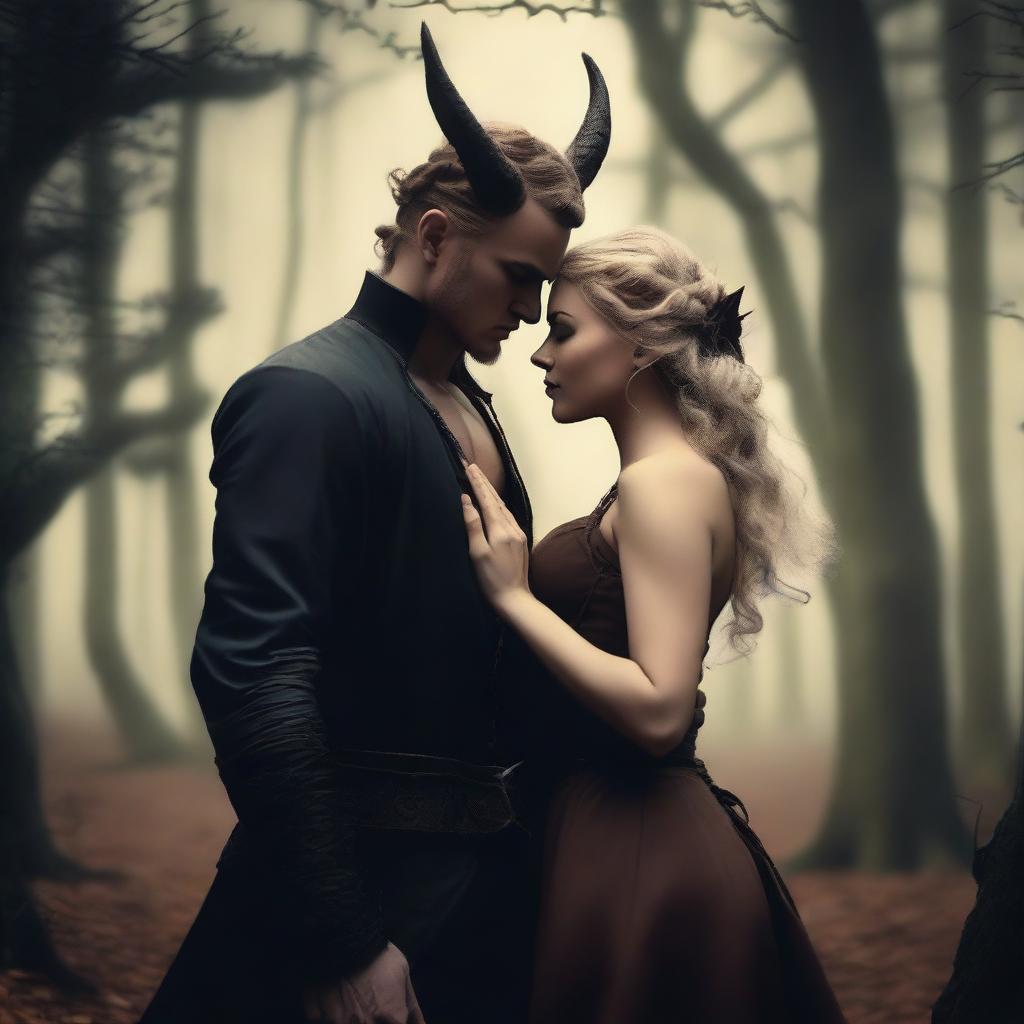 A fantasy scene depicting a forbidden romance between an adult female witch and a male demon