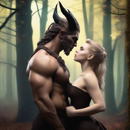 A fantasy scene depicting a forbidden romance between an adult female witch and a male demon