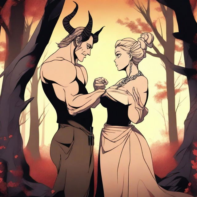 An animated scene depicting a forbidden romance between an adult female witch and a male demon